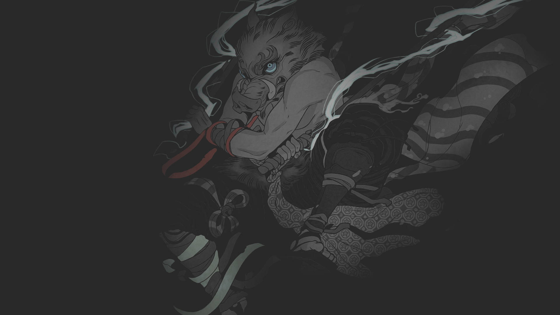 黑色動畫gif 桌布 壁紙 — 一幅黑暗動漫風格的插圖，描繪一位兇猛的猴子戰士，擁有發光的藍色眼睛和飄逸的長袍，擺出動態姿勢。
