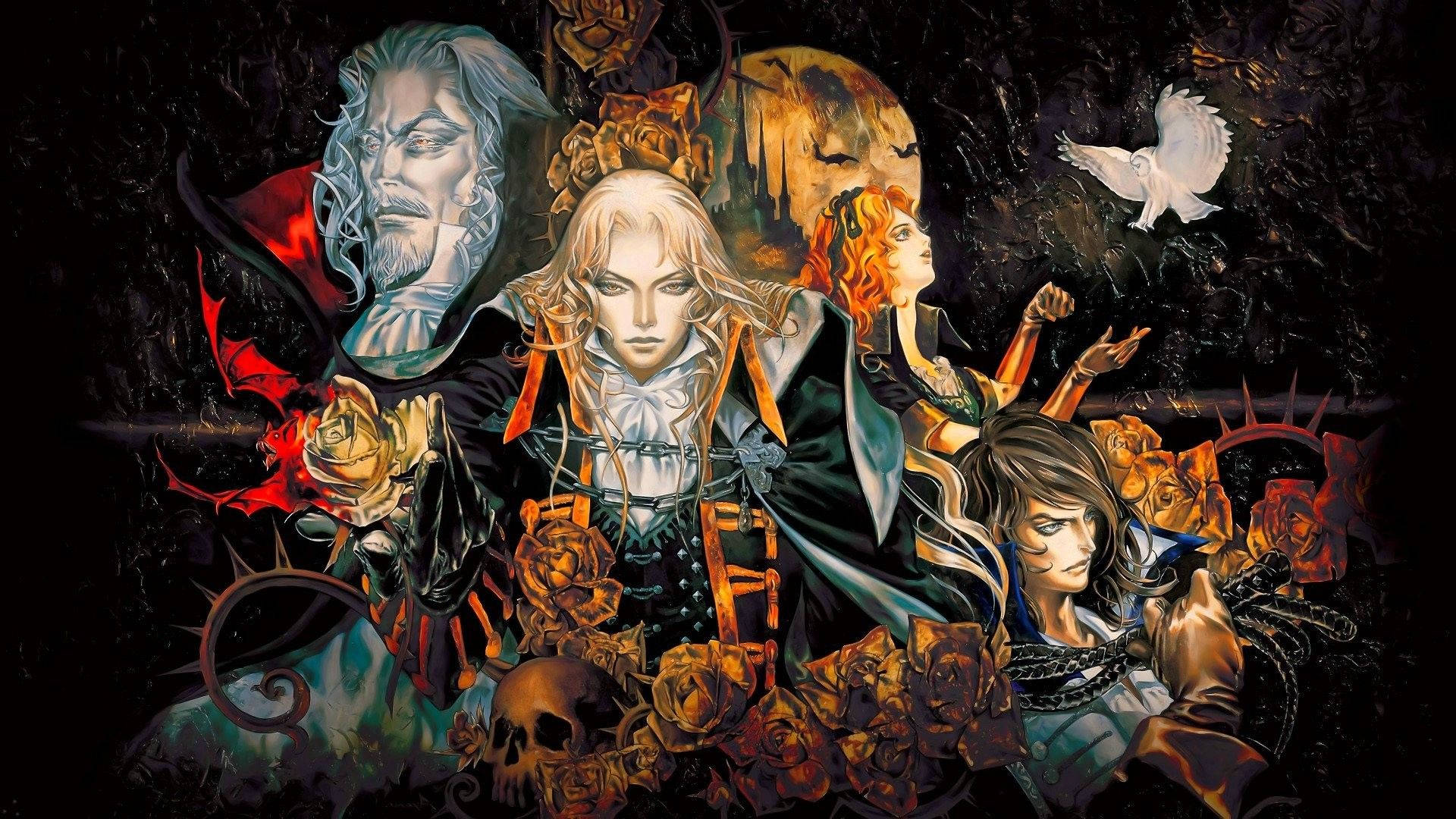 Castlevania 桌布 壁紙 — 一幅黑暗哥德式動漫插圖，描繪四個角色，帶有玫瑰、骷髏和一隻白鳥，背景是月光照耀。