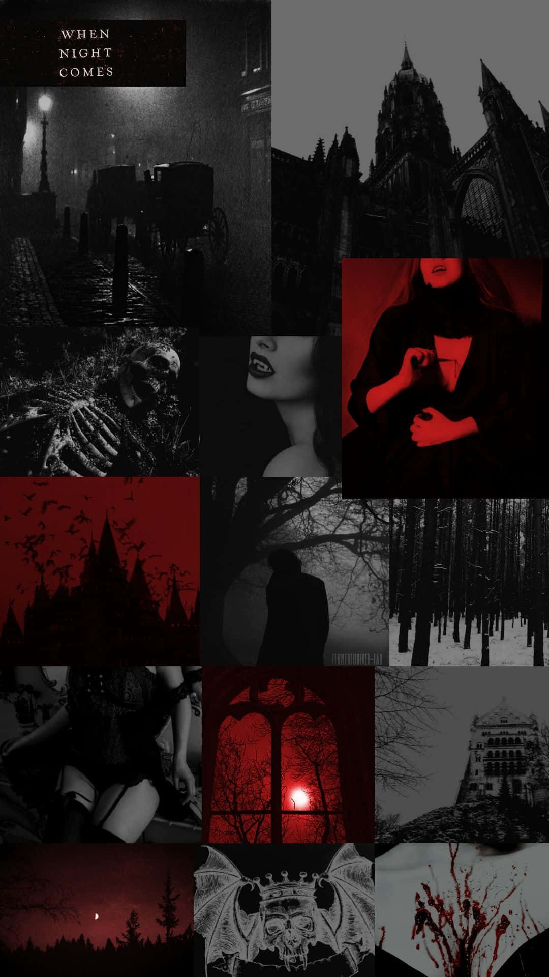 Vampire Aesthetic 桌布 壁紙 — 一幅黑暗哥德式拼貼畫，以紅色燈光的人物、鬧鬼的森林和夜空下的詭異建築為特色。