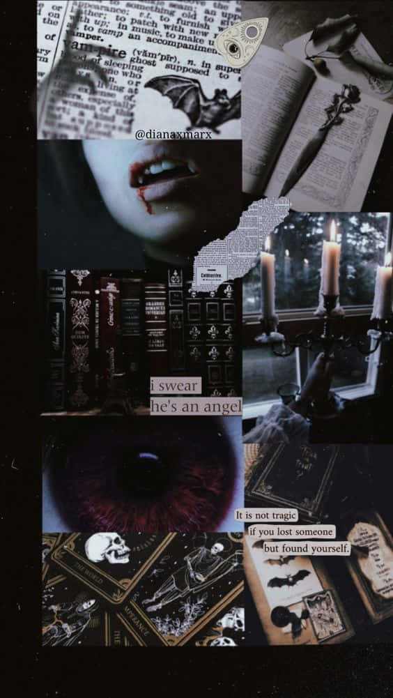 Vampire Aesthetic 桌布 壁紙 — 一幅黑暗哥德式拼貼畫，以陰鬱的單色調呈現吸血鬼傳說、血淋淋的嘴唇、燭光書架和神秘符號。