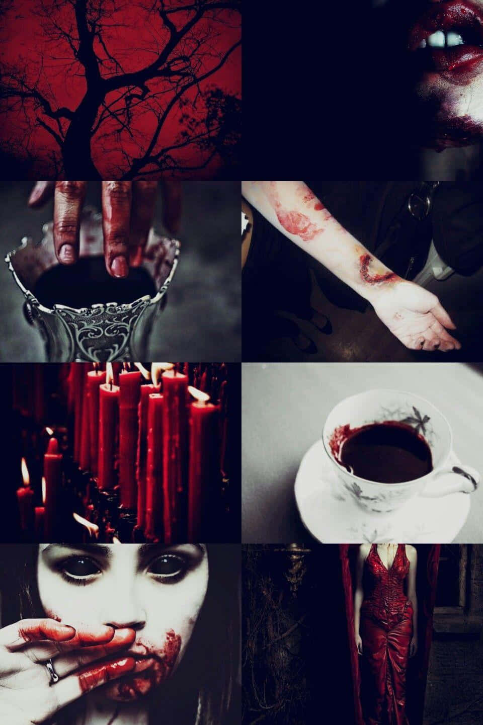 Vampire Aesthetic 桌布 壁紙 — 一幅黑暗哥德式拼貼畫，描繪血淋淋的雙手、蠟燭、紅衣女子和一棵樹，背景是深紅色的天空。