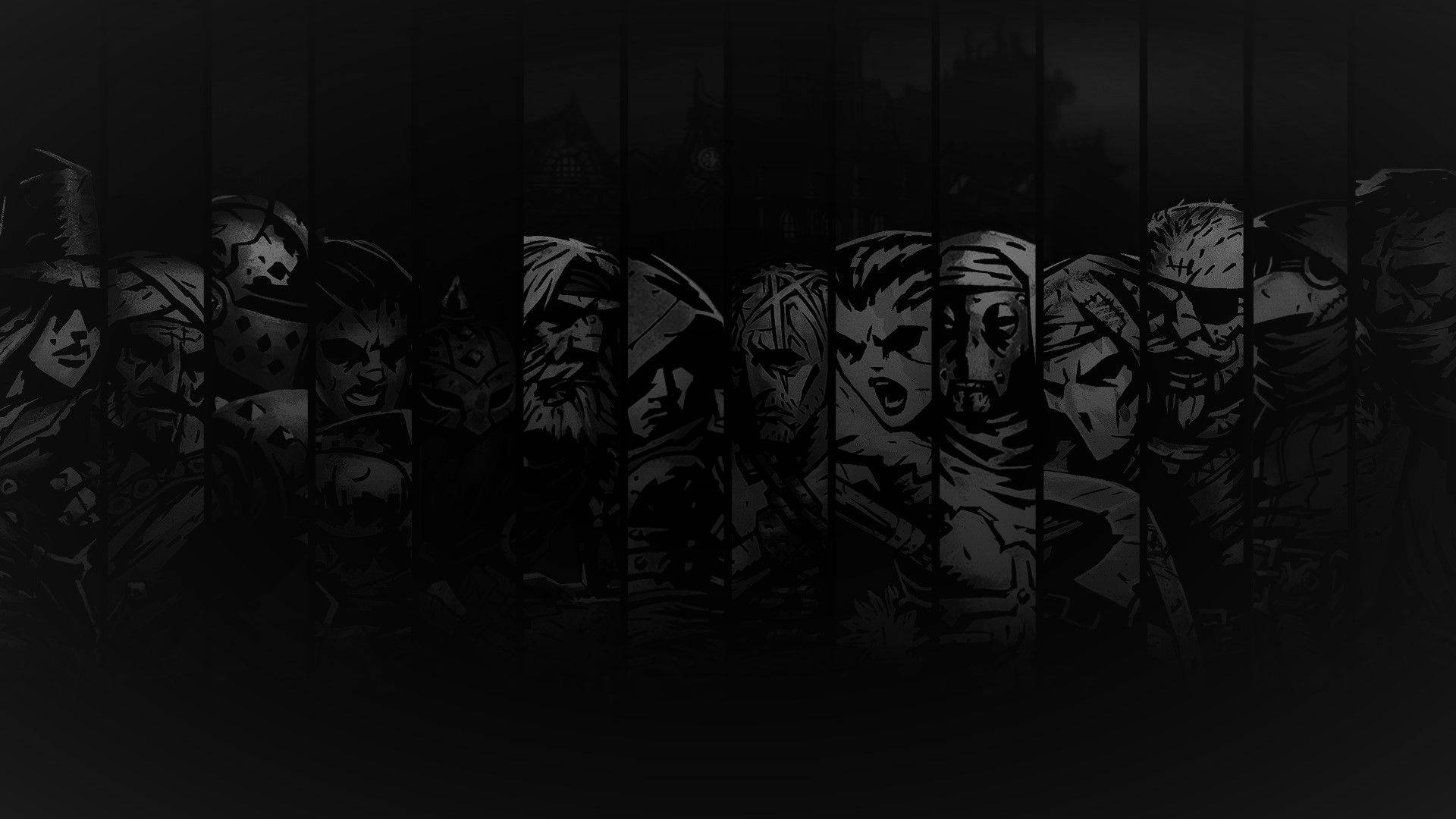 Dungeon 桌布 壁紙 — 一幅黑暗單色插圖，描繪了在陰暗環境中，垂直鐵欄後方的威脅性奇幻角色。