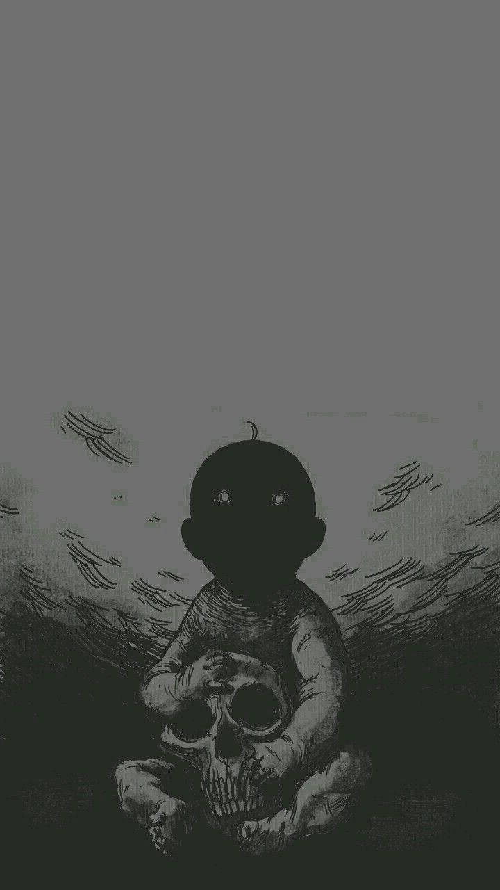 Goth Aesthetic 桌布 壁紙 — 一幅黑暗墨水畫，描繪一個帶有發光眼睛的小孩般人物，在暴風雨天空背景下手持頭骨。