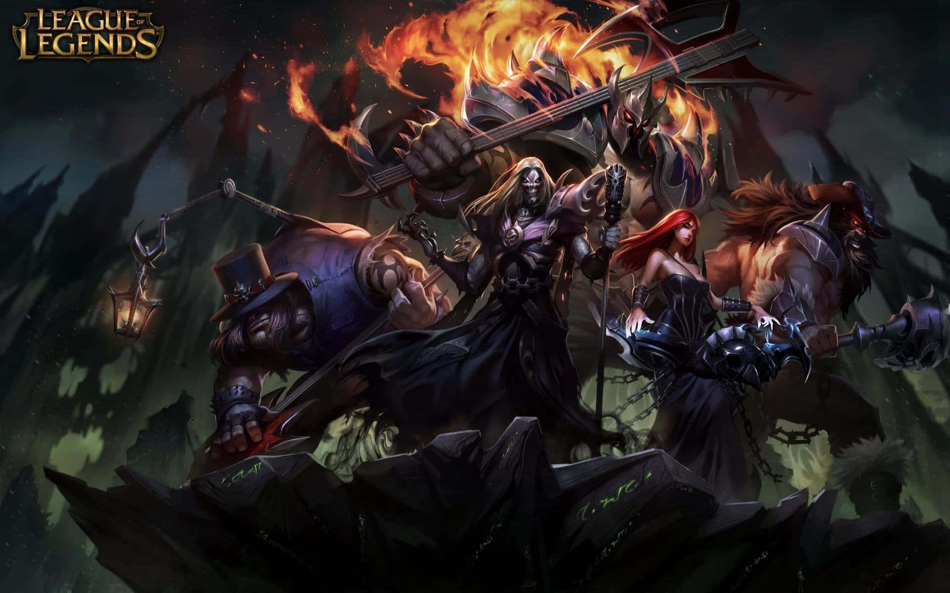 Best League Of Legends 桌布 壁紙 — 一幅黑暗奇幻插圖，描繪《英雄聯盟》角色在烈焰混亂與陰影廢墟中揮舞武器。