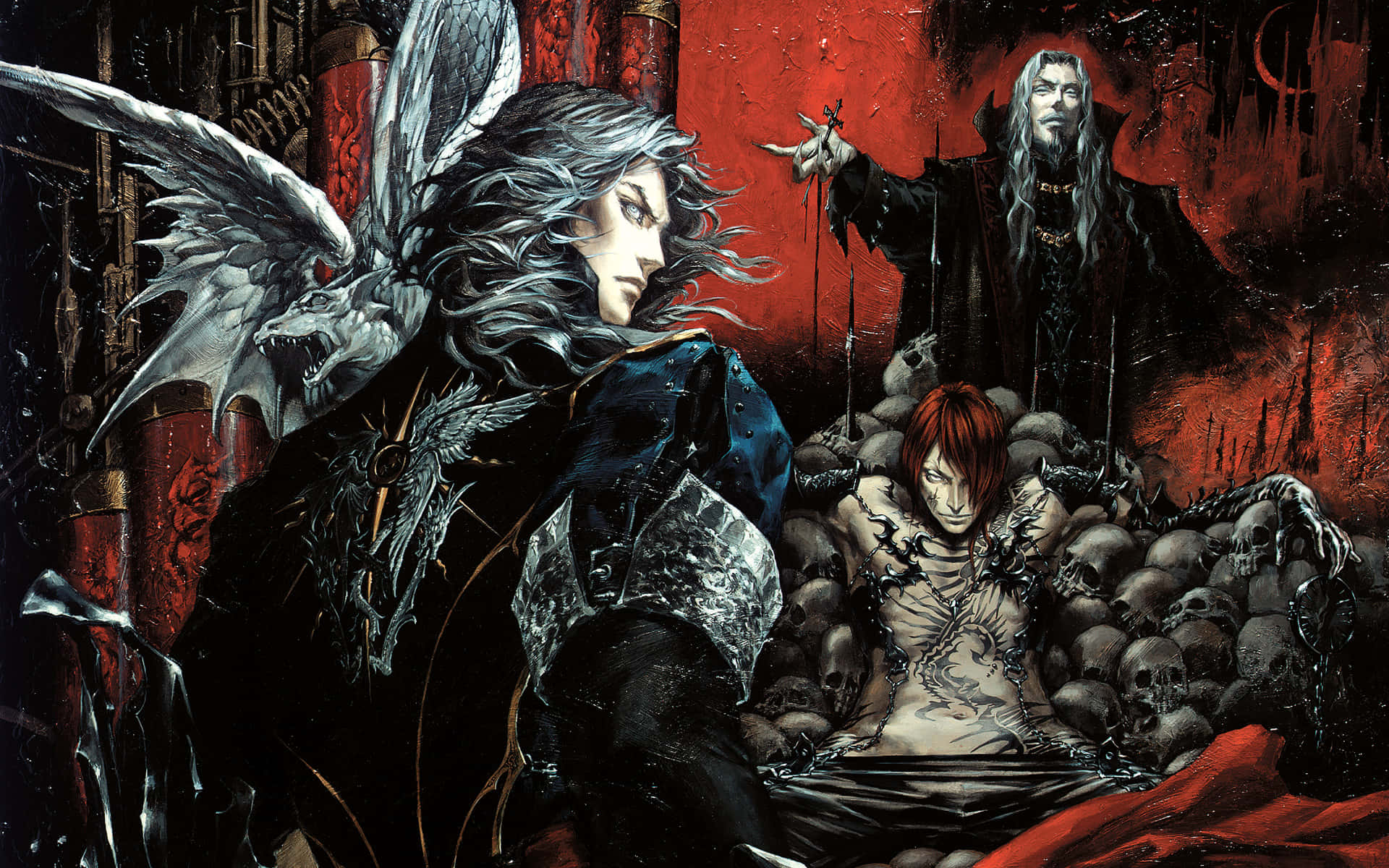 Castlevania 桌布 壁紙 — 一幅黑暗奇幻插圖，描繪一位有翼戰士、一個被鎖鏈束縛的紅髮人物，以及一個身穿長袍的人物，在血紅色背景中置身於骷髏之間。