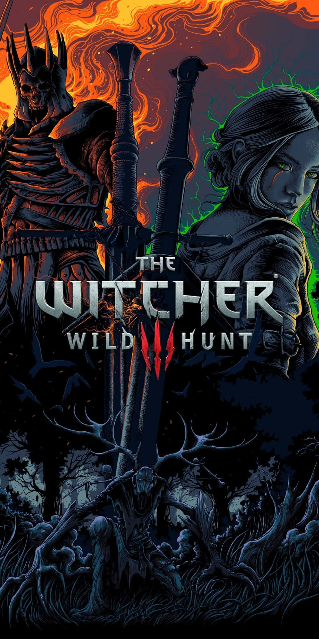 Pixel 3 The Witcher 3 桌布 壁紙 — 一幅黑暗奇幻插圖，描繪一位獵魔士和一個骷髏身影，背景是熾熱的橙色天空，帶有發光的綠色點綴。
