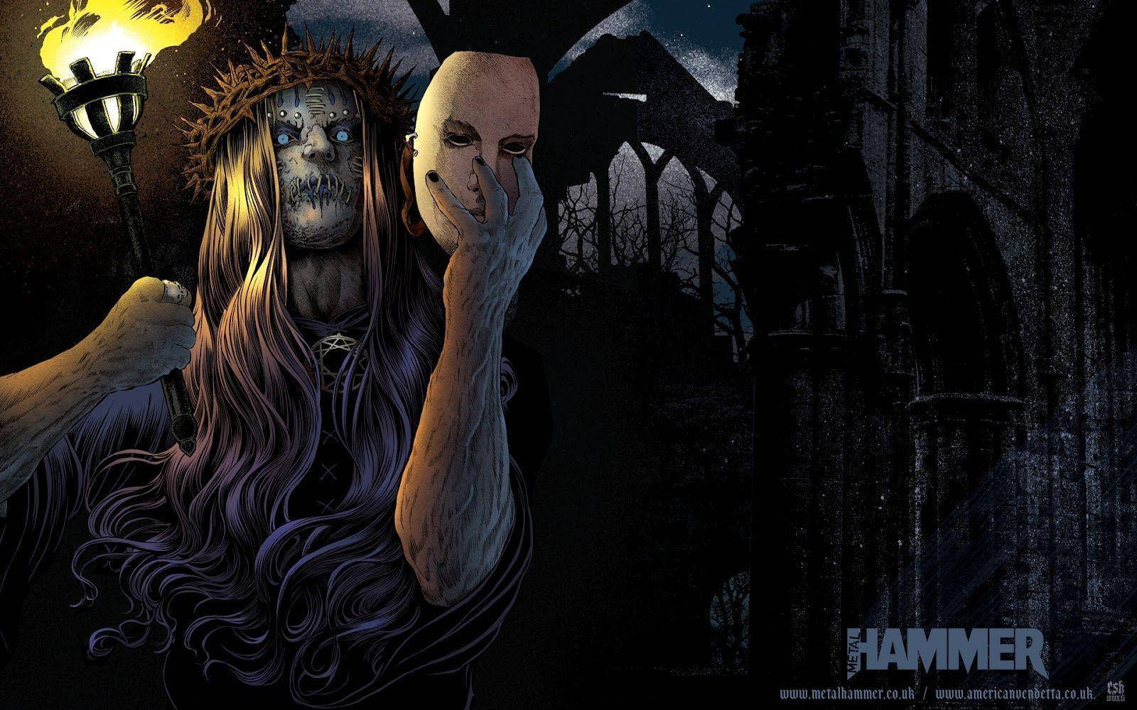 Joey Jordison 桌布 壁紙 — 一幅黑暗奇幻插圖，描繪一個戴著皇冠的骷髏人物在夜晚的廢棄大教堂中手持火炬，旁邊有一個戴面具的人形生物。