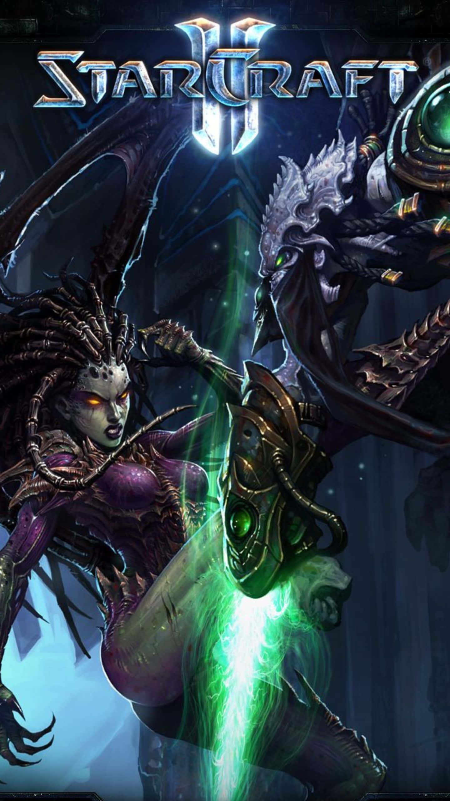 Android Starcraft Ii 桌布 壁紙 — 一幅黑暗奇幻插圖，描繪一個紫色皮膚、類似蟲族的戰士，在科幻戰鬥場景中揮舞著發光的綠色刀刃，對抗一個威脅性的裝甲外星人。