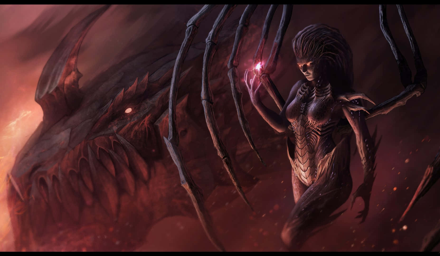 Starcraft Characters 桌布 壁紙 — 一幅黑暗奇幻插圖，描繪一個蜘蛛般的人形生物在火紅迷霧中揮舞發光魔法對抗一頭 monstrous 巨龍。