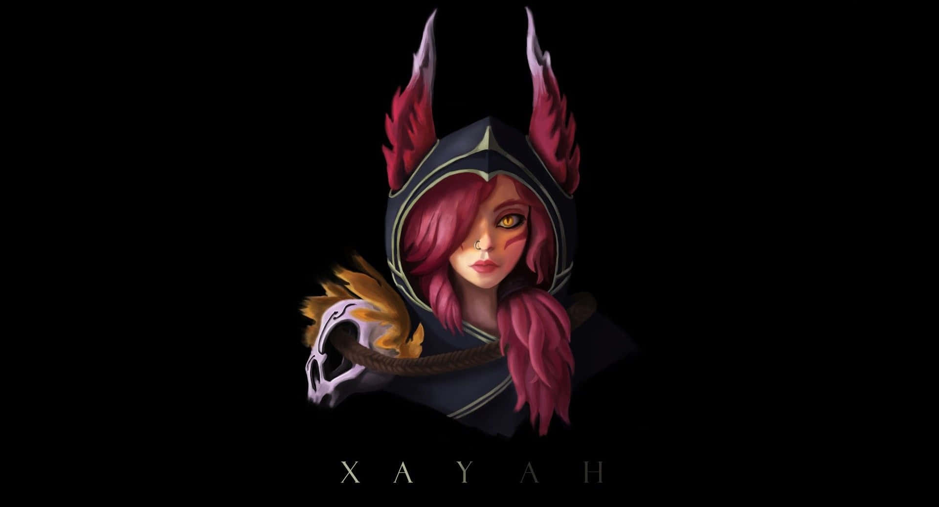 英雄聯盟 桌布 壁紙 — 一幅黑暗奇幻肖像，Xayah 擁有火熱的粉紅頭髮和發光的眼睛，在黑色背景前手持一個燃燒的頭骨。