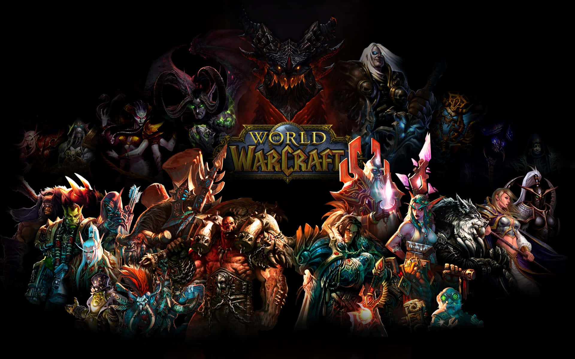 World Of Warcraft Races 桌布 壁紙 — 一幅黑暗奇幻藝術作品，描繪了多種魔獸世界角色和首領，在黑色背景上浮現，帶有發光的眼睛和華麗的盔甲。