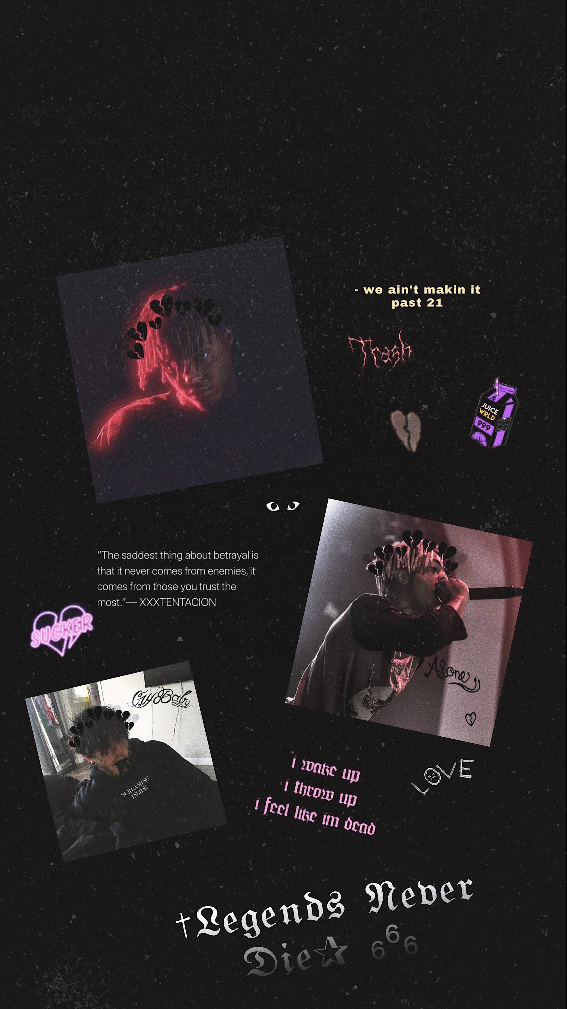 xxxtentacion 美學 桌布 壁紙 — 一幅黑暗宇宙風格桌布拼貼，以Xxxtentacion的照片、語錄和螢光粉紅文字點綴在星空黑色背景上。