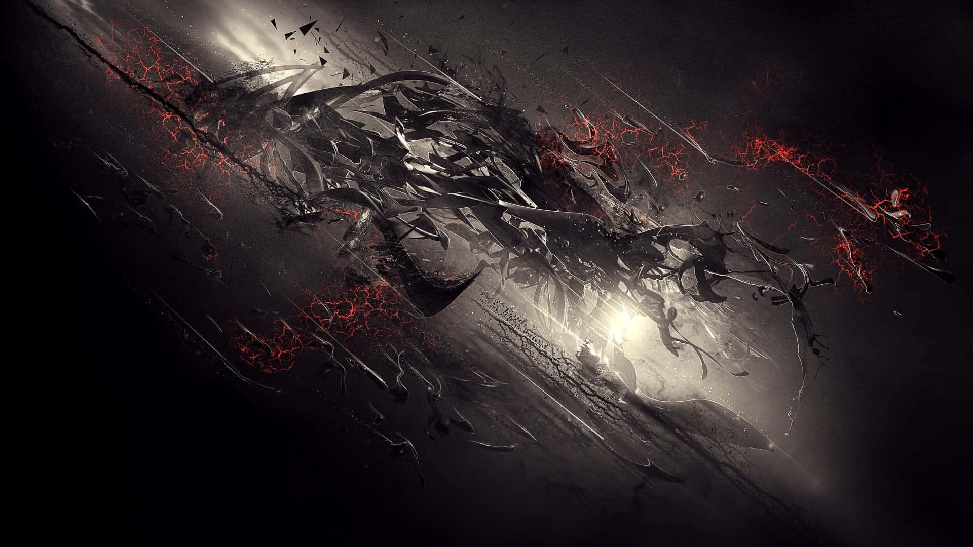 Dark Digital Art 桌布 壁紙 — 一幅黑暗抽象數位藝術作品，特色是破碎的玻璃碎片帶有發光的紅色裂縫和明亮的中央光源。
