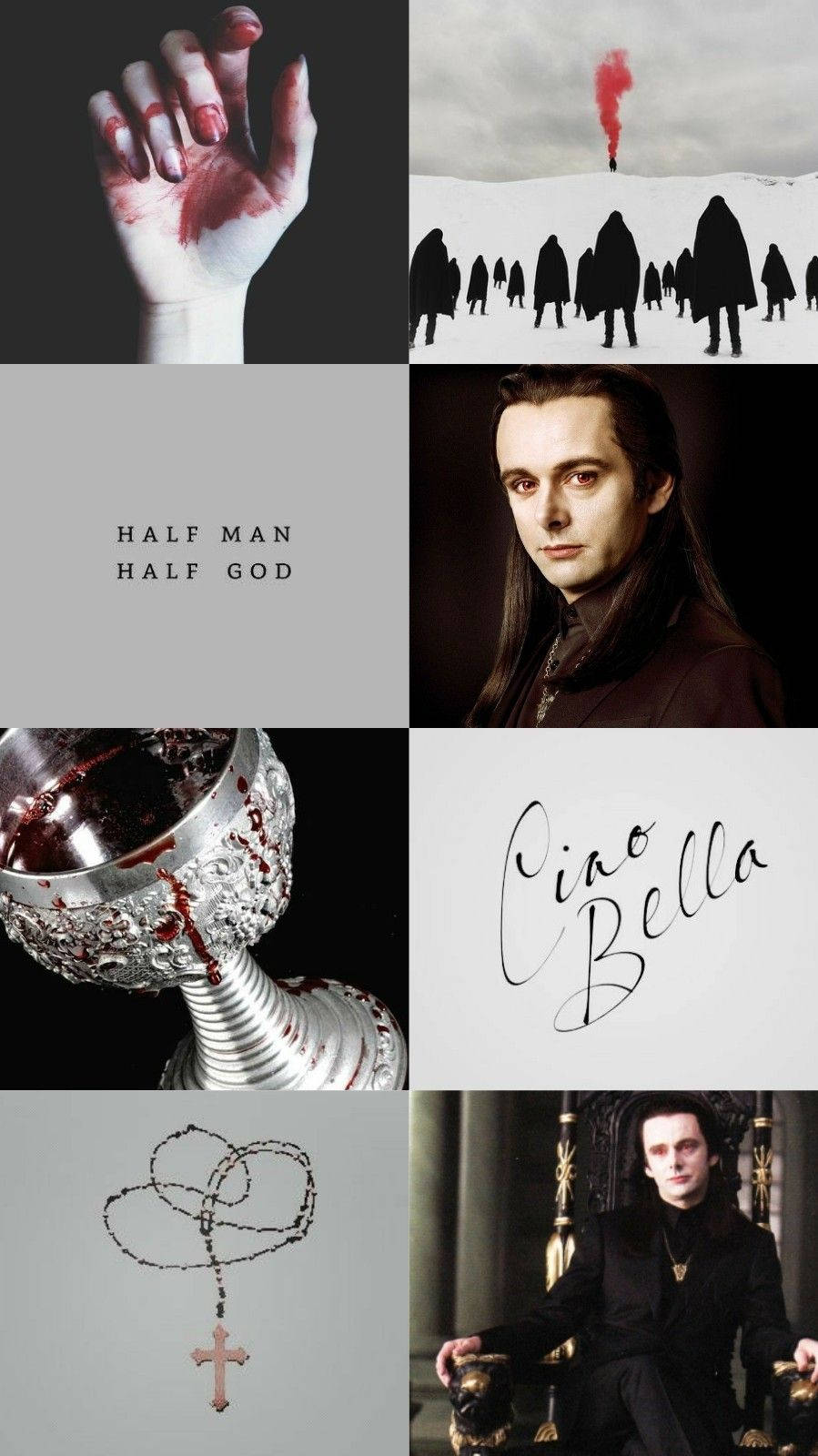 Twilight Aesthetic 桌布 壁紙 — 一幅黑暗拼貼畫，包含血手、雪中剪影、長髮男子、血聖杯、草書文字、鐵絲網十字架，以及一名身穿黑衣坐著的男子。