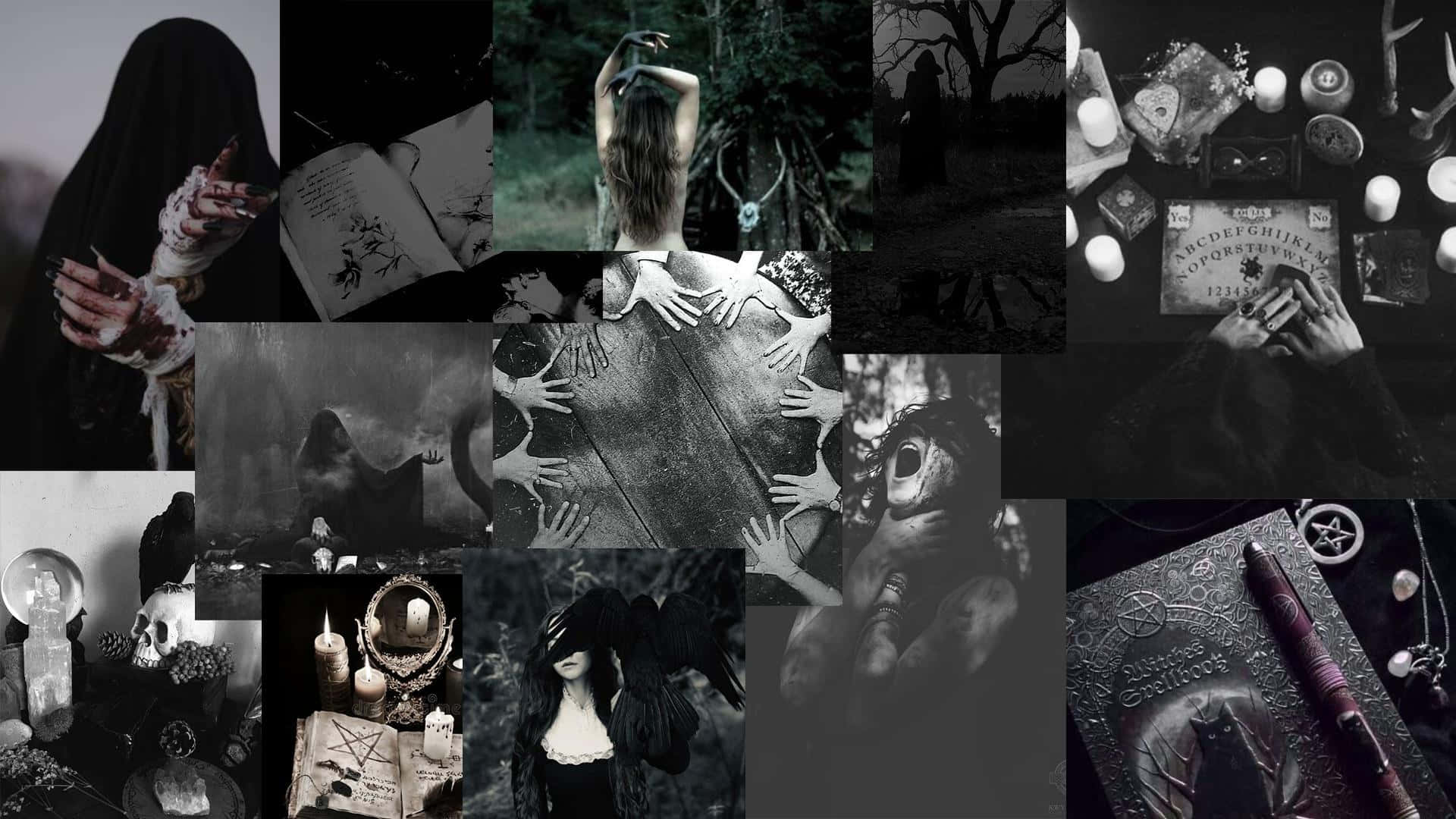 Witch Aesthetic 桌布 壁紙 — 一幅黑暗的拼貼畫，描繪了戴兜帽的人物、儀式物品和詭異的手，以單色調呈現神秘意象。