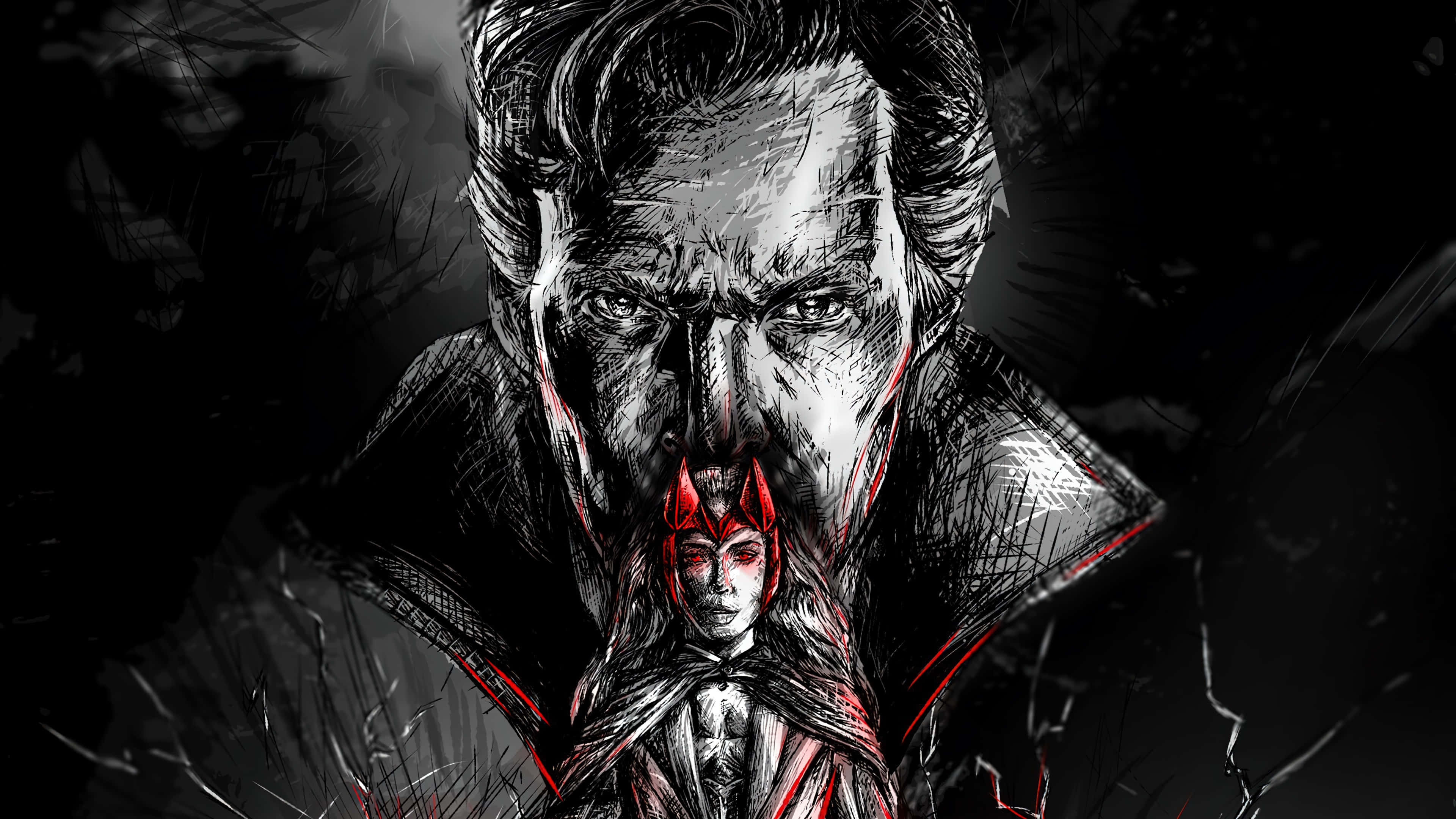 Doctor Strange Multiverse Of Madness 桌布 壁紙 — 一幅黑暗的數位藝術肖像，描繪一個具威脅性的男人在混亂的黑色背景上，俯視一個較小的紅色冠冕人物。