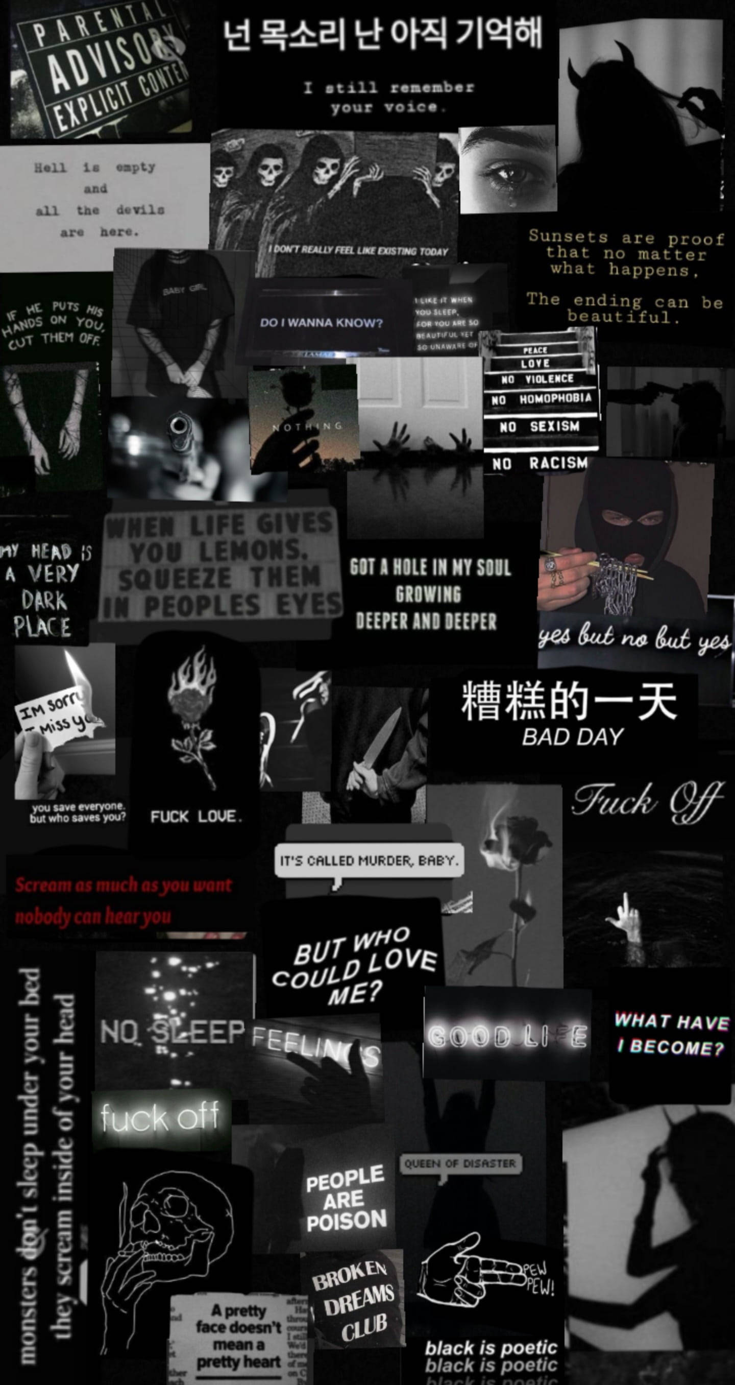 Alt 桌布 壁紙 — 一幅黑暗陰鬱的黑白圖片拼貼，帶有表達焦慮、絕望和反叛的文字疊加。