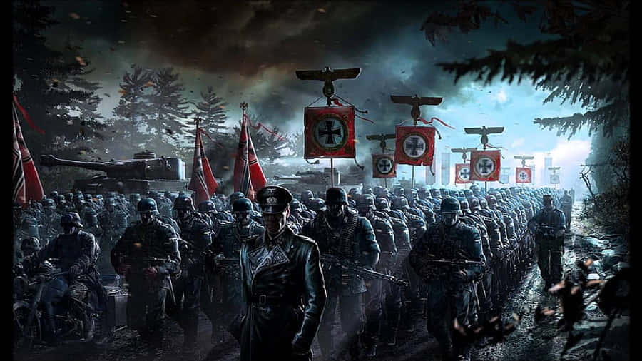 nazi 桌布 壁紙 — 一幅黑暗電影風格的插圖，描繪大規模納粹軍事遊行穿過森林戰場，天空風暴密佈。