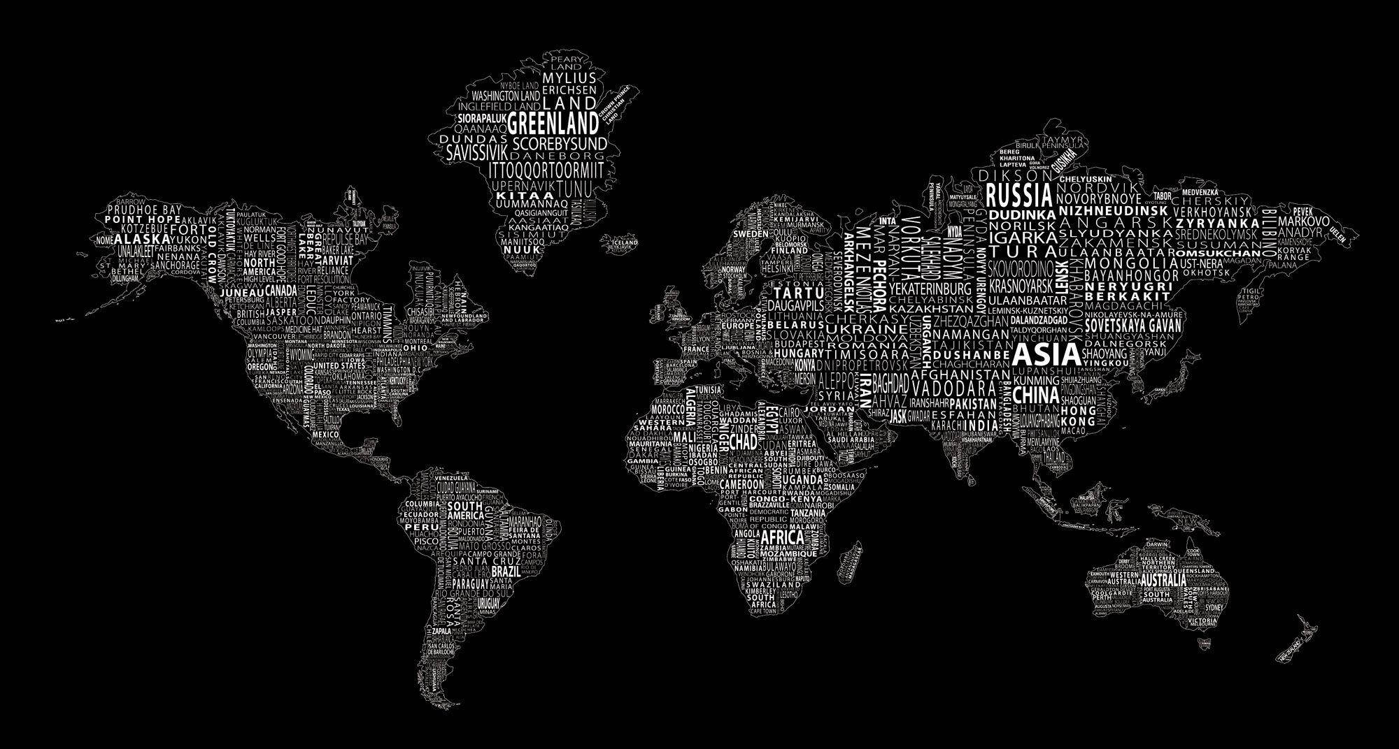 Aesthetic Black And White 桌布 壁紙 — 一幅黑白世界地圖，完全由密集排列的國家名稱以多種字體組成，背景為純黑色。