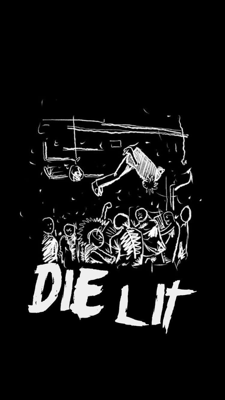 Die Lit 桌布 壁紙 — 一幅黑白分明的粉筆風格插圖，描繪一群人群觀看一個人從懸掛結構墜落，下方有粗體文字 DIE LIT。