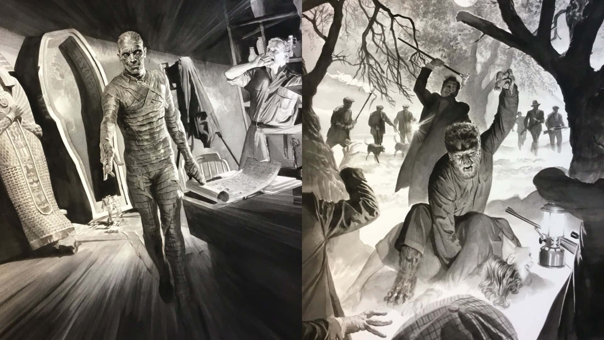 mummy 桌布 壁紙 — 一幅黑白分格插圖描繪了一個木乃伊從雜亂房間的棺材中升起，以及一隻狼人在雪地森林中襲擊，人們正在逃跑。