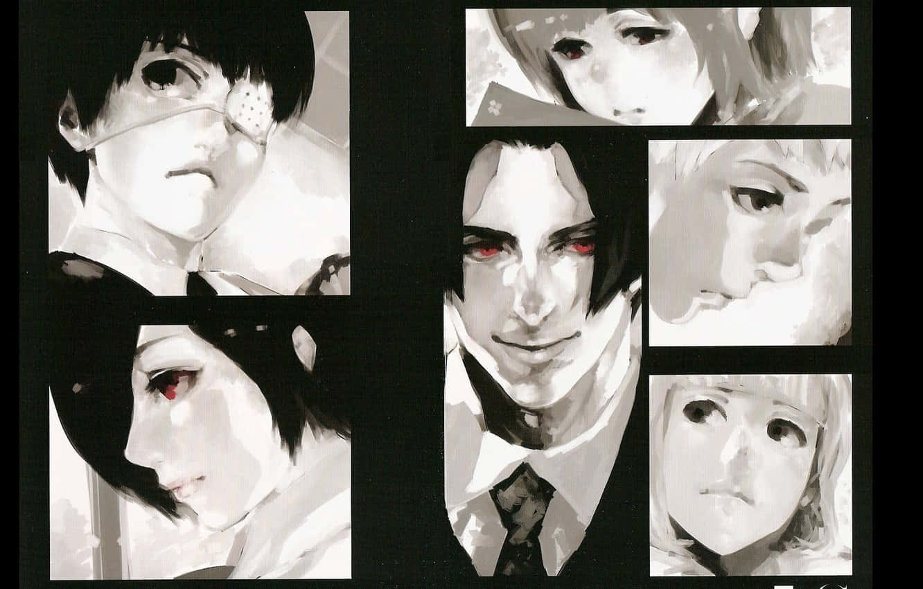 Sui Ishida 桌布 壁紙 — 一幅黑白動漫拼貼畫，包含六個角色，表情強烈，紅眼睛，背景深色。