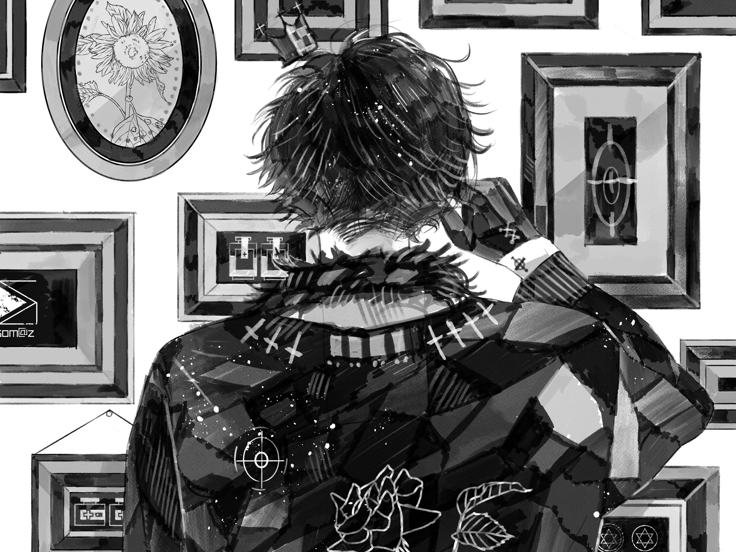 動漫 桌布 壁紙 — 一幅黑白動漫風格插圖，從背後描繪一個頭髮尖刺的人，站在掛滿裱框藝術品的牆前。