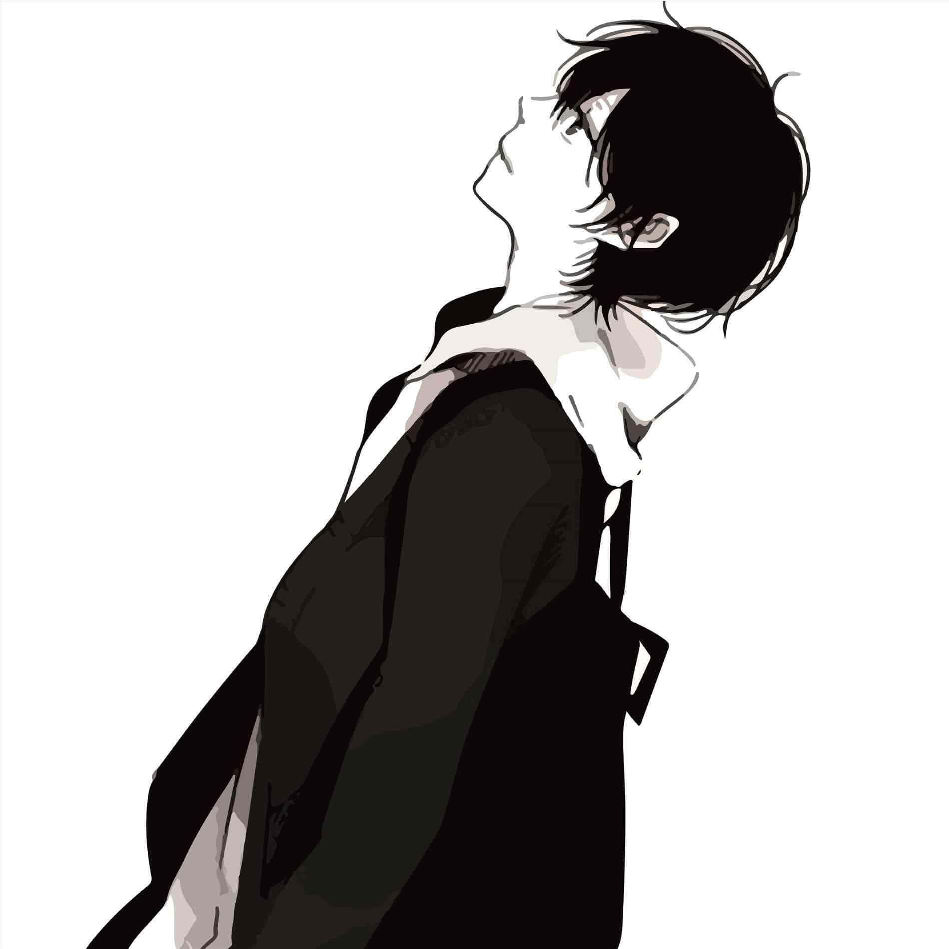 動漫男孩 桌布 壁紙 — 一幅黑白動漫風格插圖，描繪一位年輕男子側面向上望，頭髮蓬鬆，身穿深色外套。