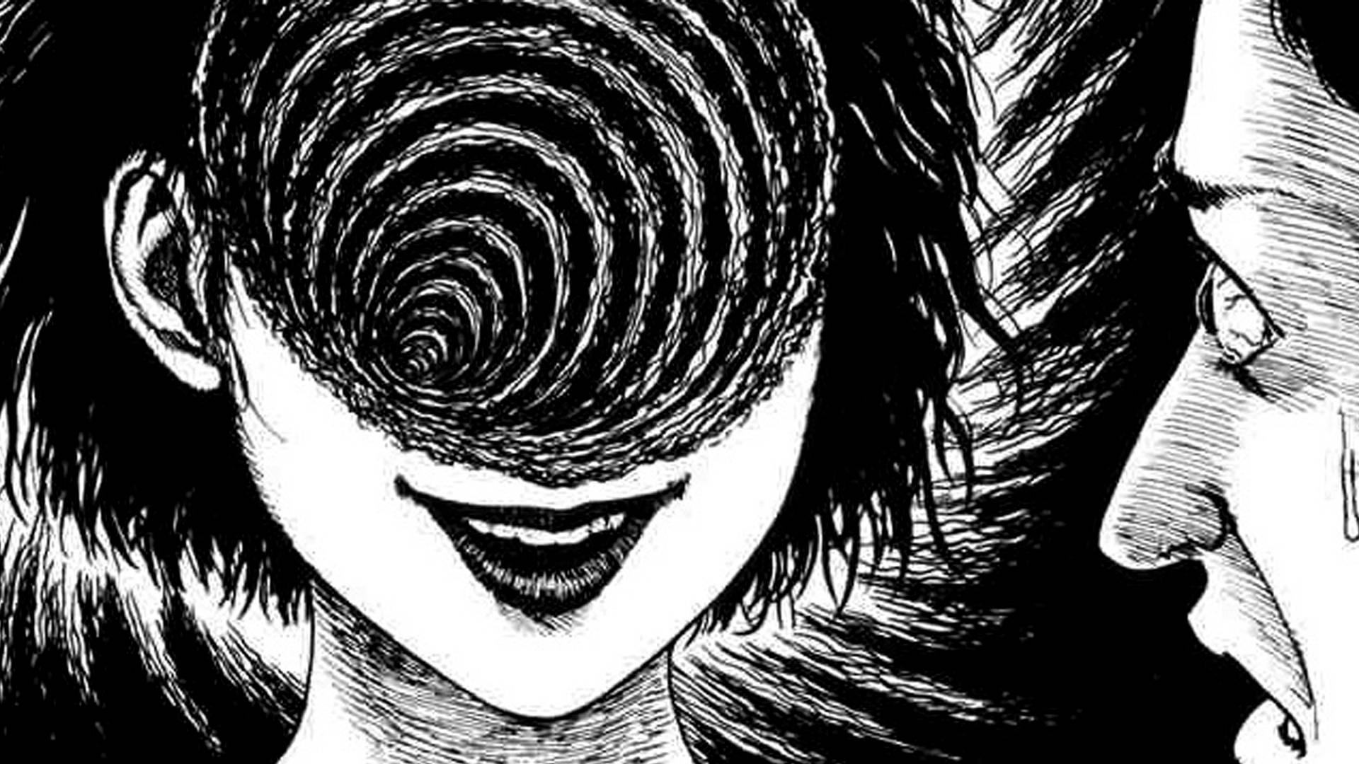 一位面部為旋轉漩渦的女性凝視著一位驚恐的男子。 — 詭異的GIF 壁紙