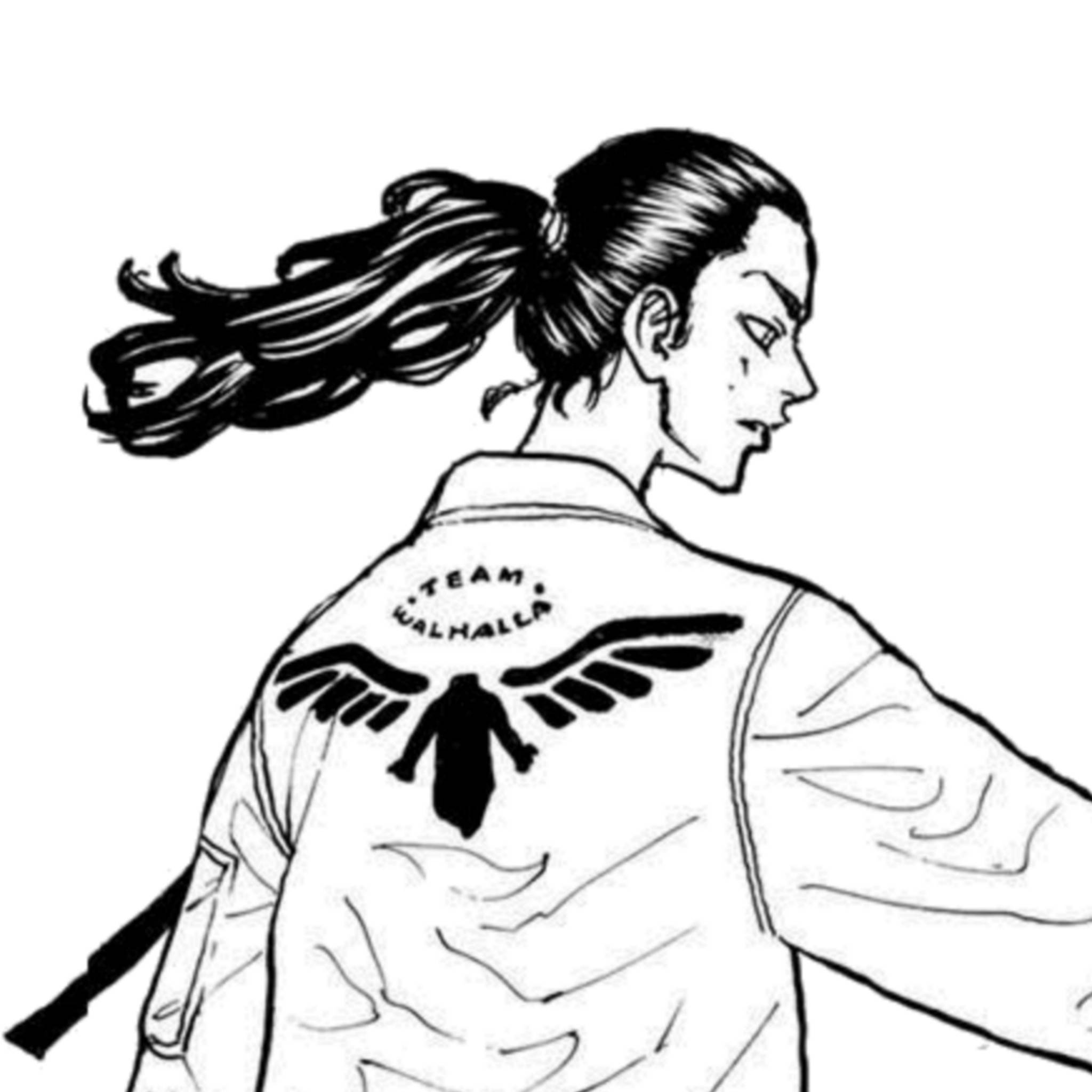 Keisuke Baji 桌布 壁紙 — 一幅黑白動漫風格插圖，描繪一個人側面穿著一件背面有翼形徽章和「TEAM WALHALLA」文字的夾克。