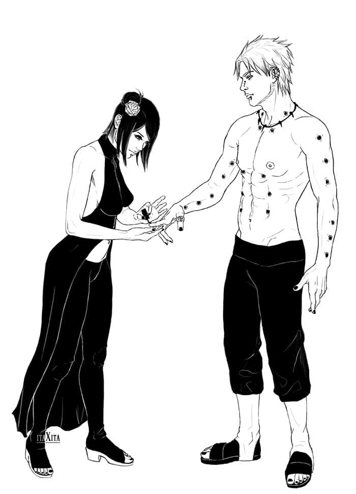 Akatsuki Drawing 桌布 壁紙 — 一幅黑白動漫風格插圖，描繪一男一女專注地交換一個小物體。