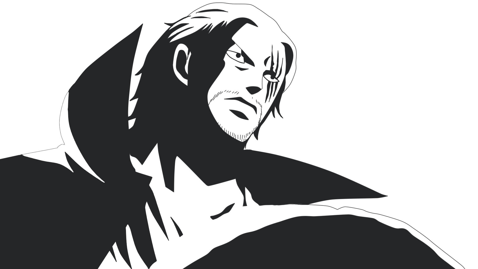Shanks 桌布 壁紙 — 一幅黑白動漫風格的男人肖像，眼神銳利，面部線條分明。