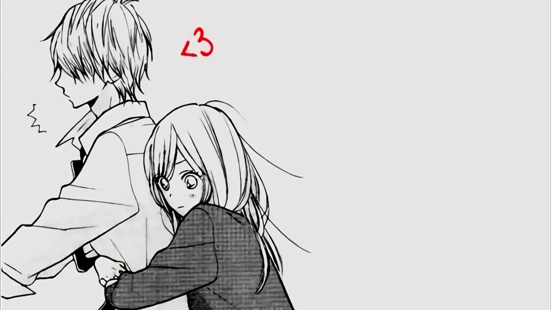 Black And White Anime 桌布 壁紙 — 一幅黑白動漫風格素描，描繪一個女孩緊貼著一個男孩的背部，他正走開，他的頭上方有一個紅色心形符號。
