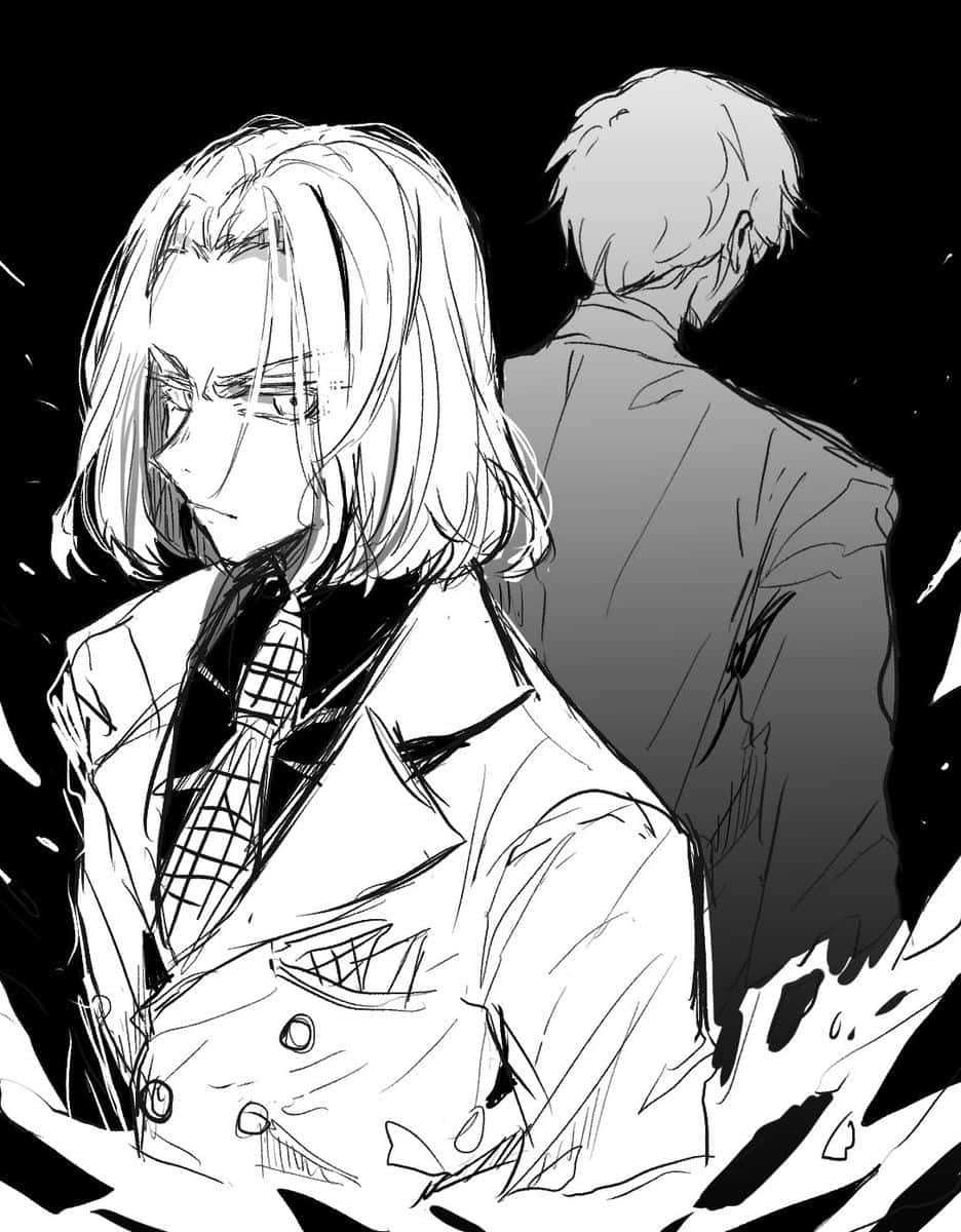 The Promised Neverland Peter Ratri 桌布 壁紙 — 一幅黑白動漫風格素描，描繪一個短髮穿外套的人低頭，另一個人站在他們身後。