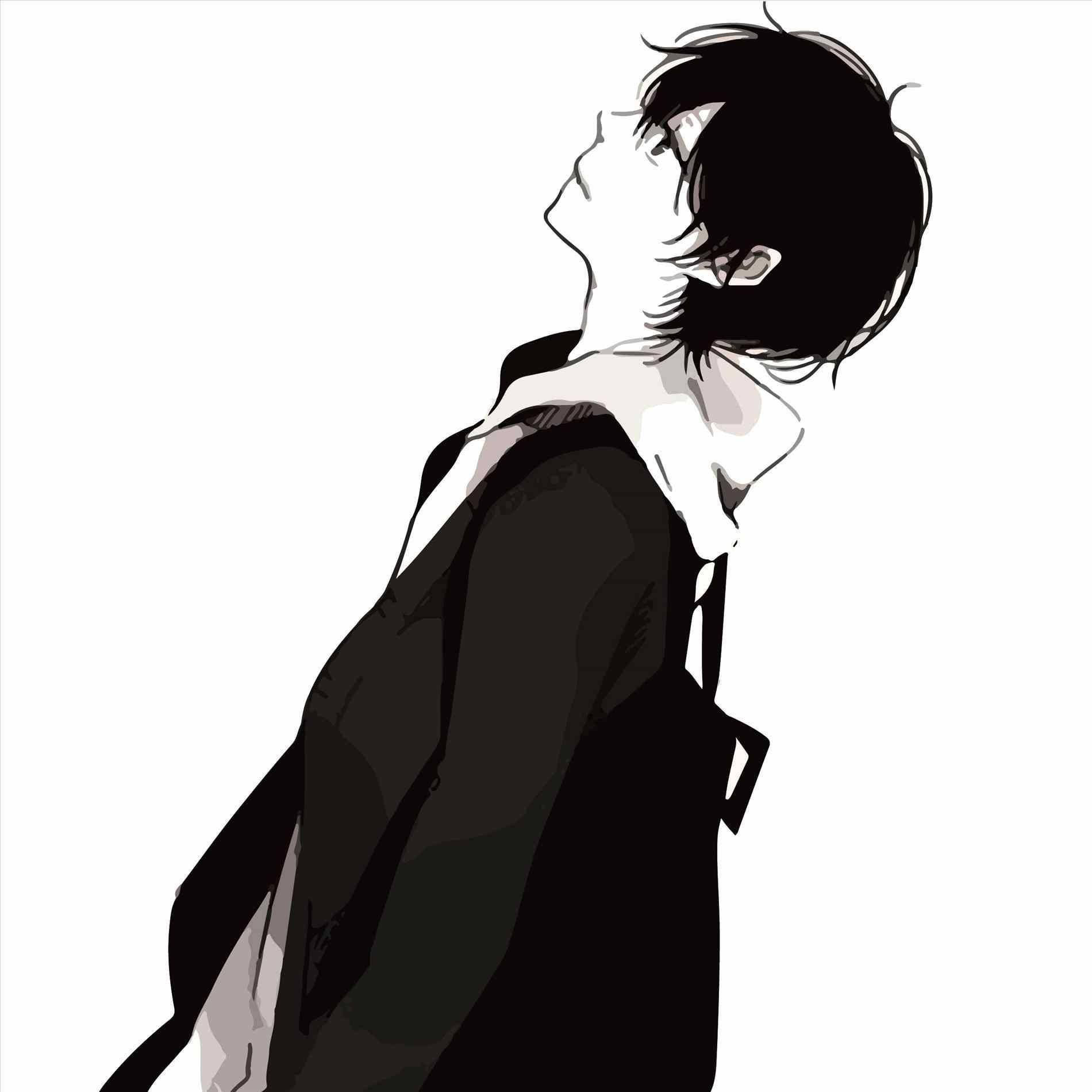動漫角色向上望，深色頭髮和外套，白色背景。 — 憂鬱動漫男孩 壁紙