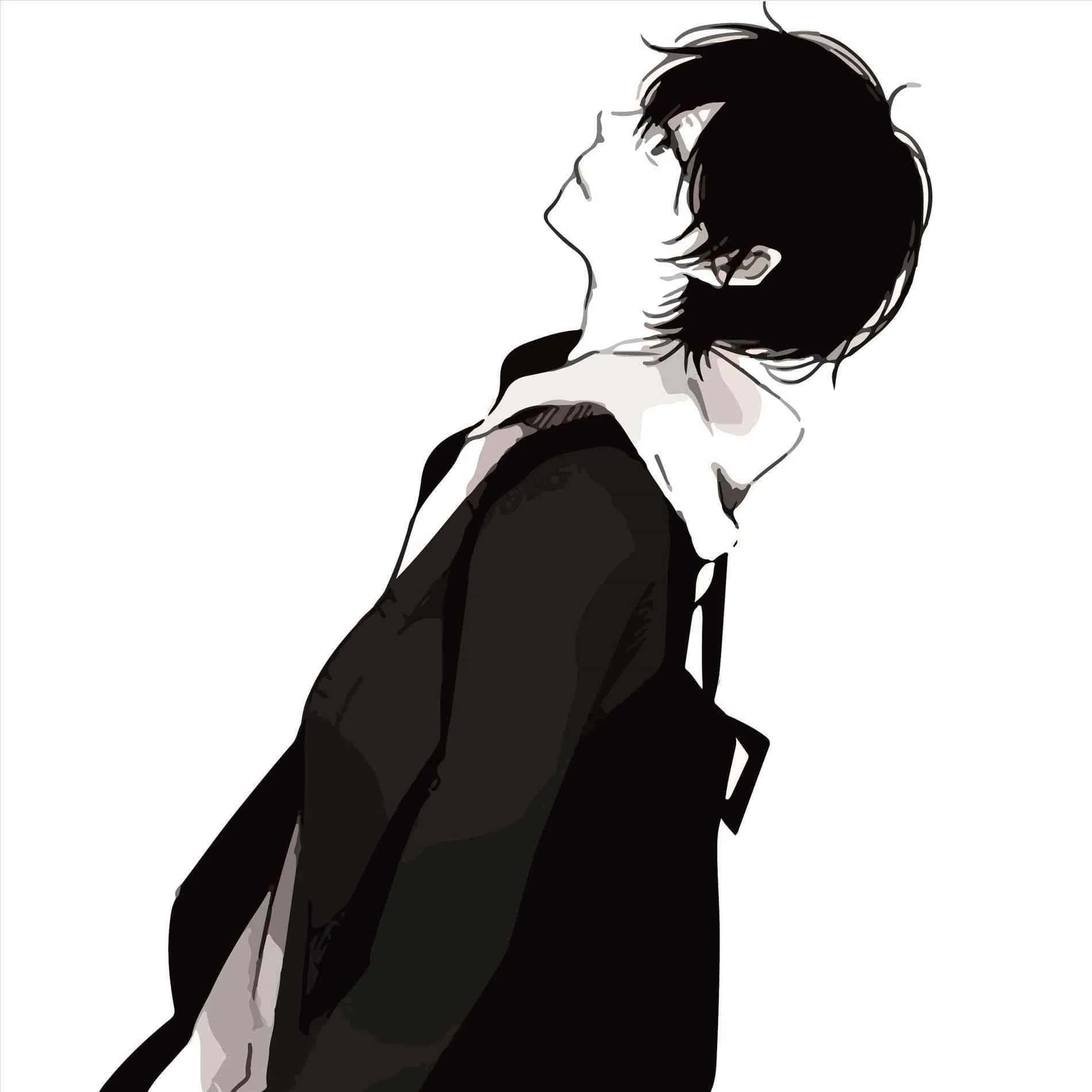 Depressing Profile 桌布 壁紙 — 一幅黑白動漫風格肖像，描繪一位年輕男子的側面，向上仰望，帶有柔和陰影和乾淨線條。