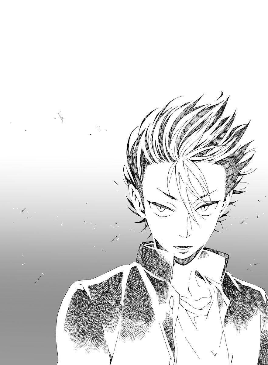 yu nishinoya 桌布 壁紙 — 一幅黑白動漫風格肖像，描繪一位擁有尖刺頭髮和銳利眼神的年輕男子，背景為漸層色。