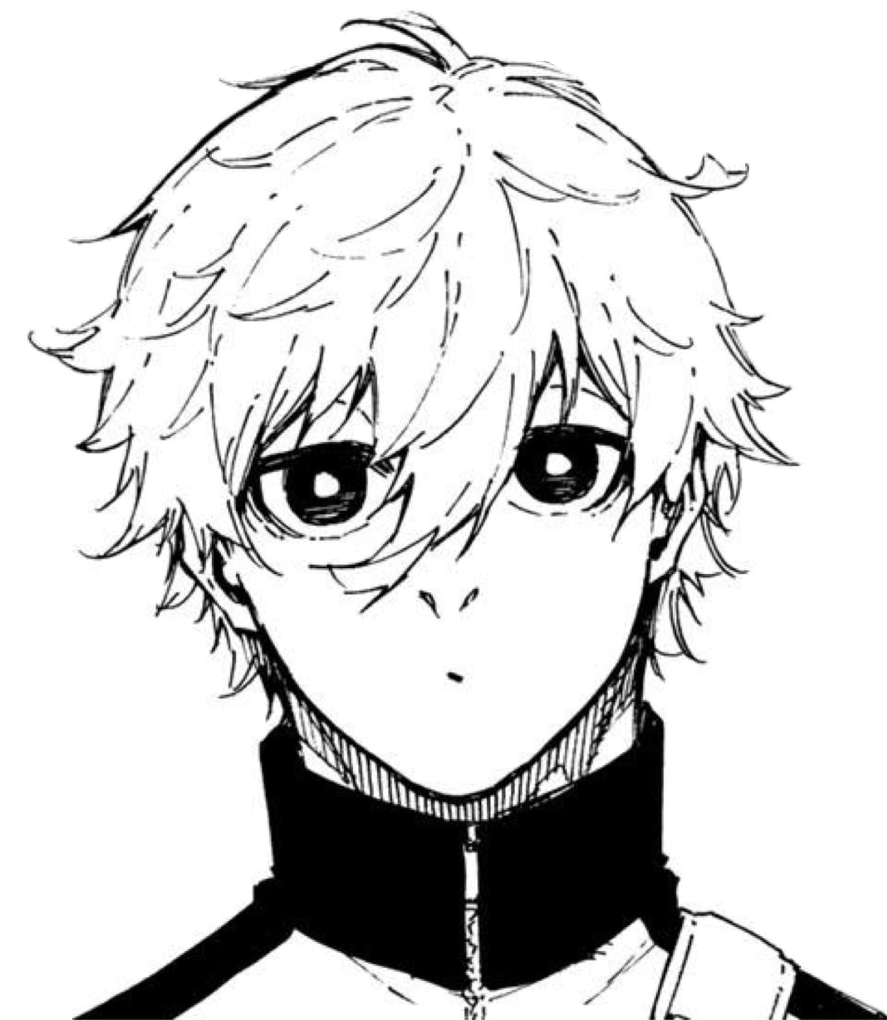 動漫男孩 桌布 壁紙 — 一幅黑白動漫風格肖像，描繪一位頭髮凌亂、眼神銳利的年輕男子直視前方。