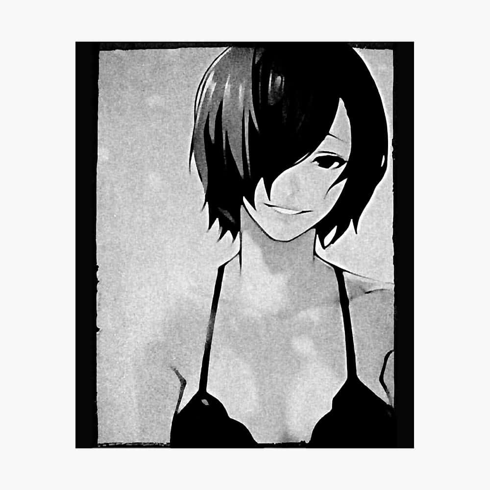 Touka Kirishima 桌布 壁紙 — 一幅黑白動漫風格肖像，短髮角色在紋理背景上帶著含蓄的微笑。
