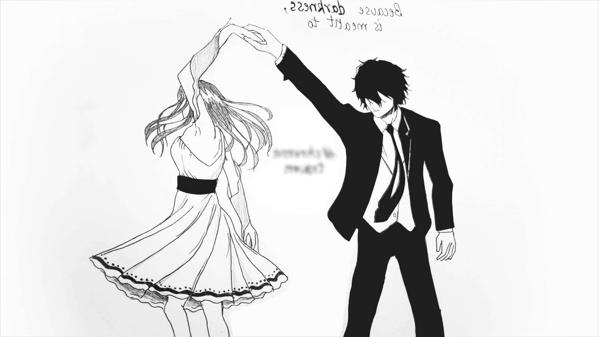 Black And White Anime 桌布 壁紙 — 一幅黑白動漫風格草圖，描繪一男一女跳舞，頭髮飄逸，姿態優雅。
