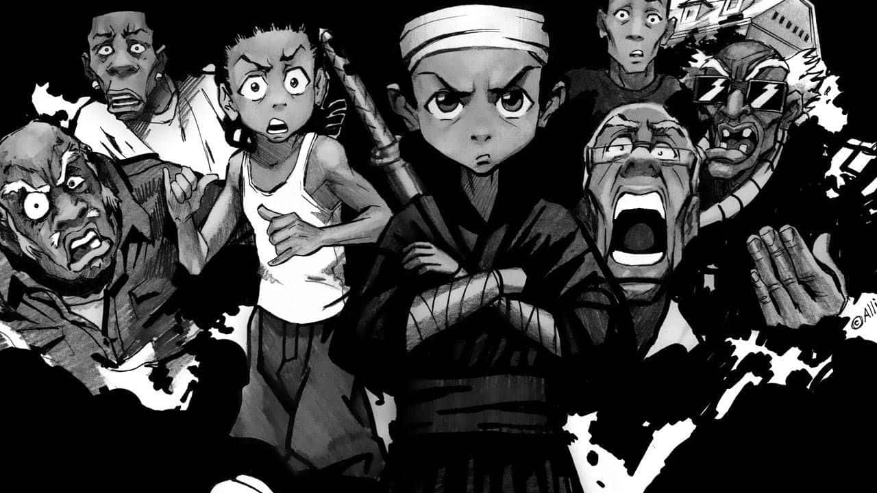Boondocks 桌布 壁紙 — 一幅黑白動畫插圖，描繪一個堅定的年輕男孩被震驚和憤怒的面孔包圍。