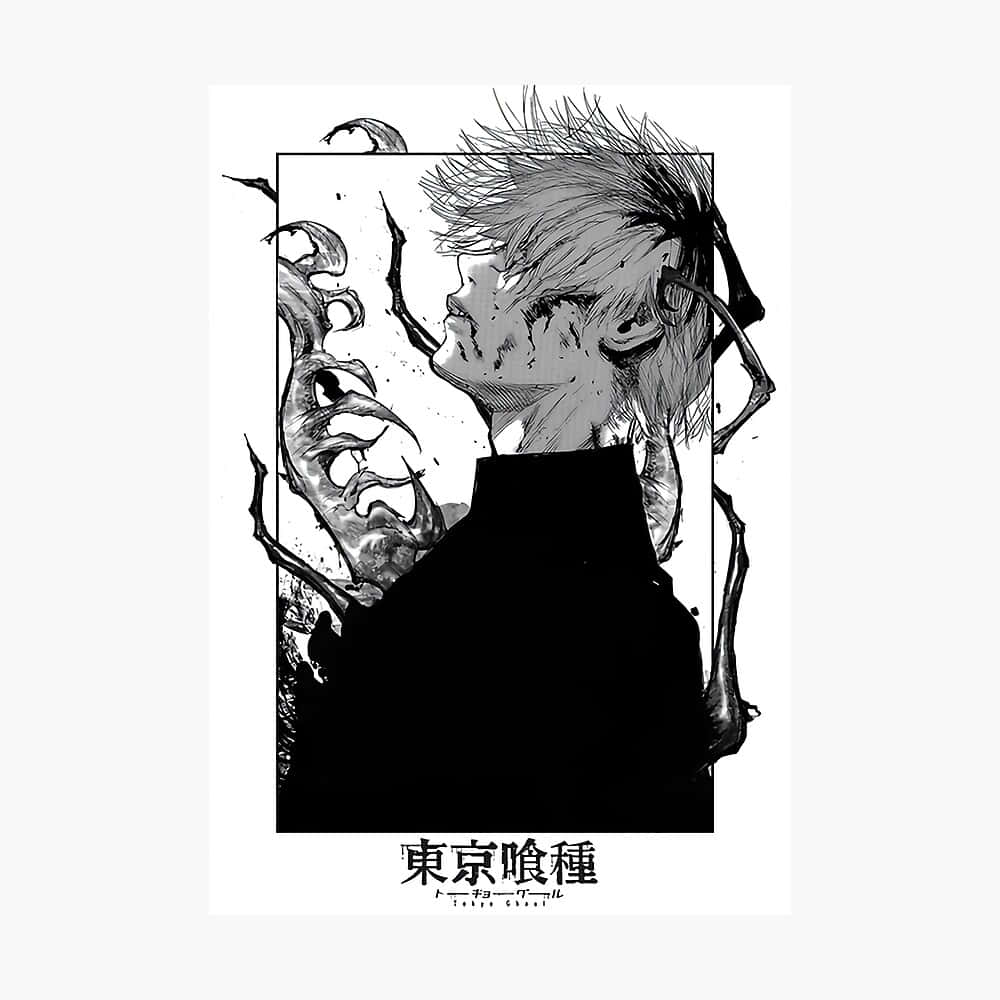 東京喰種 桌布 壁紙 — 一幅黑白動畫插圖，描繪一個頭髮尖刺的年輕男子和一個黑暗剪影，被怪誕的怪物觸手包圍。