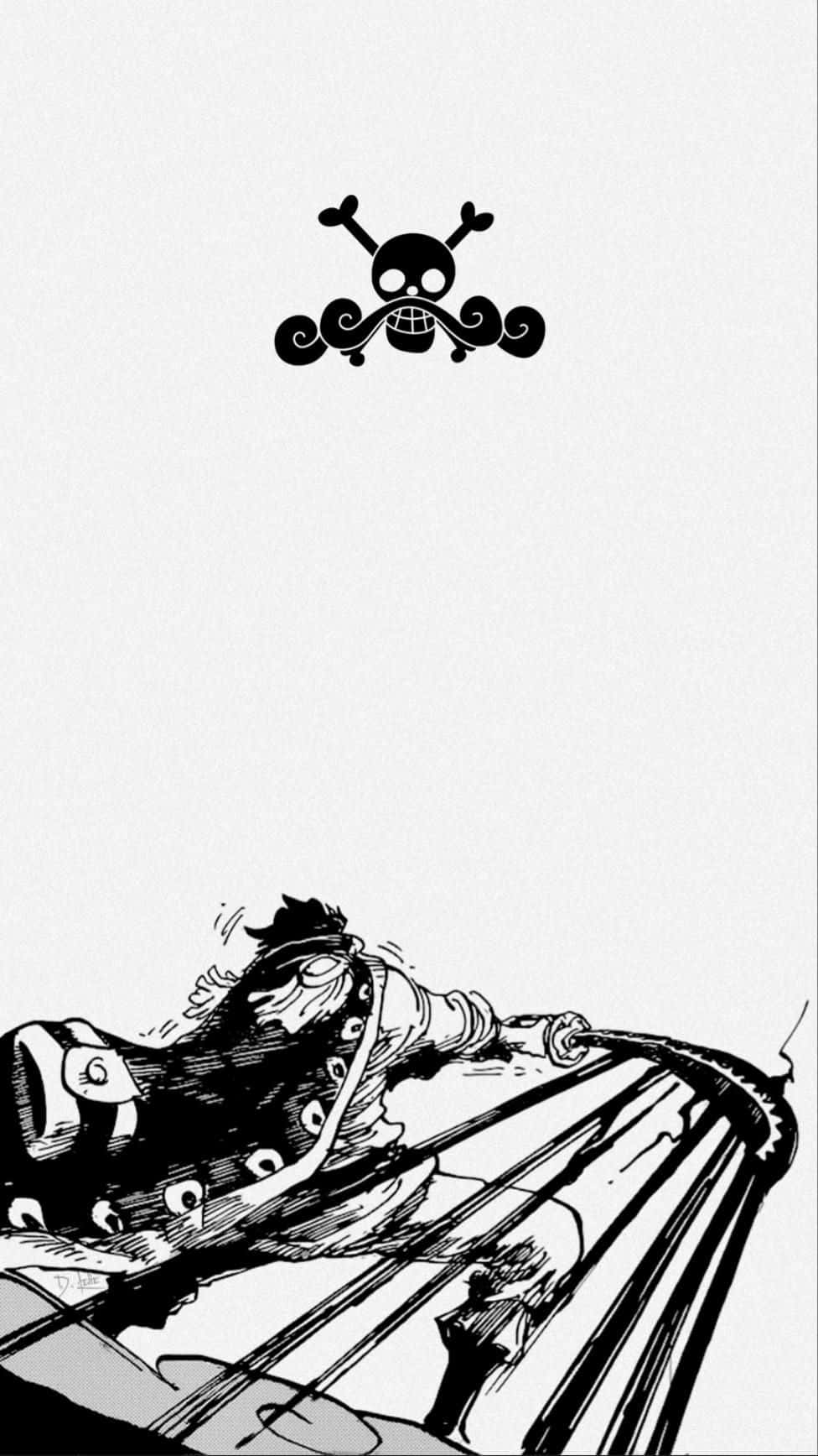 動漫 桌布 壁紙 — 一幅黑白動畫插圖，描繪一名海盜船長，上方有骷髏旗。