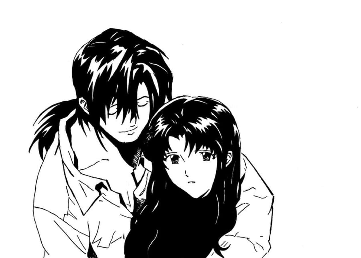 Ryoji Kaji 桌布 壁紙 — 一幅黑白動畫插圖，描繪一名男子從背後擁抱一名女子，帶有柔和陰影和富有表現力的眼睛。