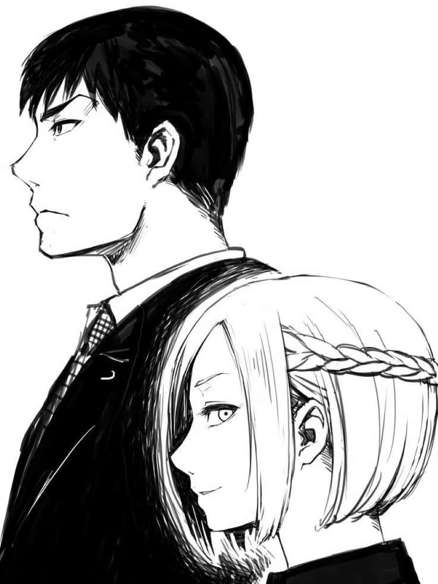 Koutarou Amon 桌布 壁紙 — 一幅黑白動畫插圖，描繪一男一女側面相對，表情嚴肅。