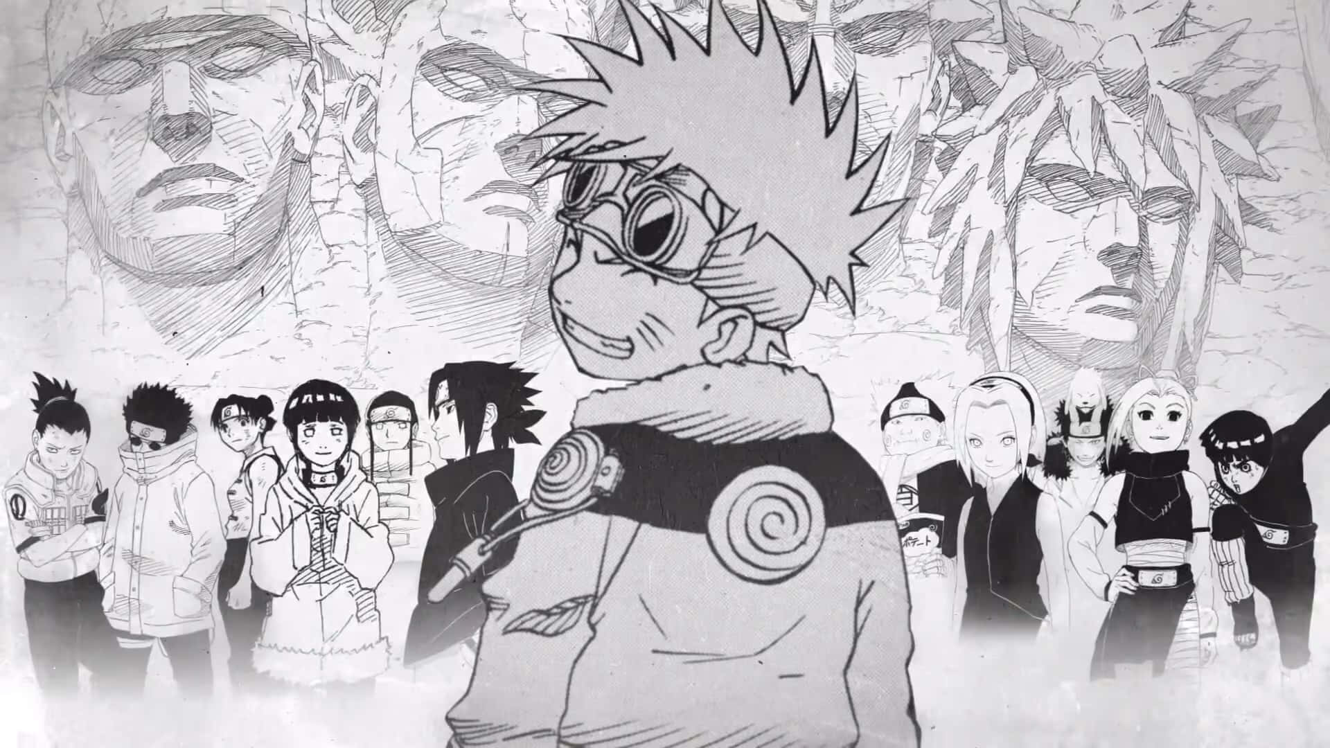 Naruto Manga 桌布 壁紙 — 一幅黑白動畫插圖，描繪了鳴人和他的朋友們站在巨大的雕刻面孔前，進行莊嚴的致敬場景。