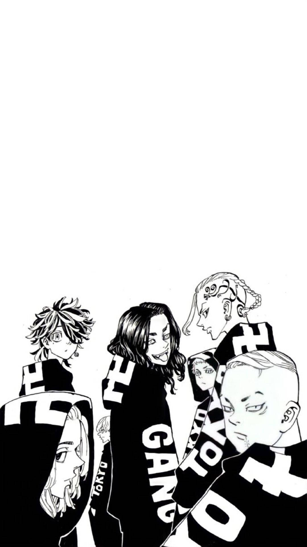 漫畫gif 桌布 壁紙 — 一幅黑白動畫插圖，描繪五個角色穿著東京幫派外套一起擺姿勢。