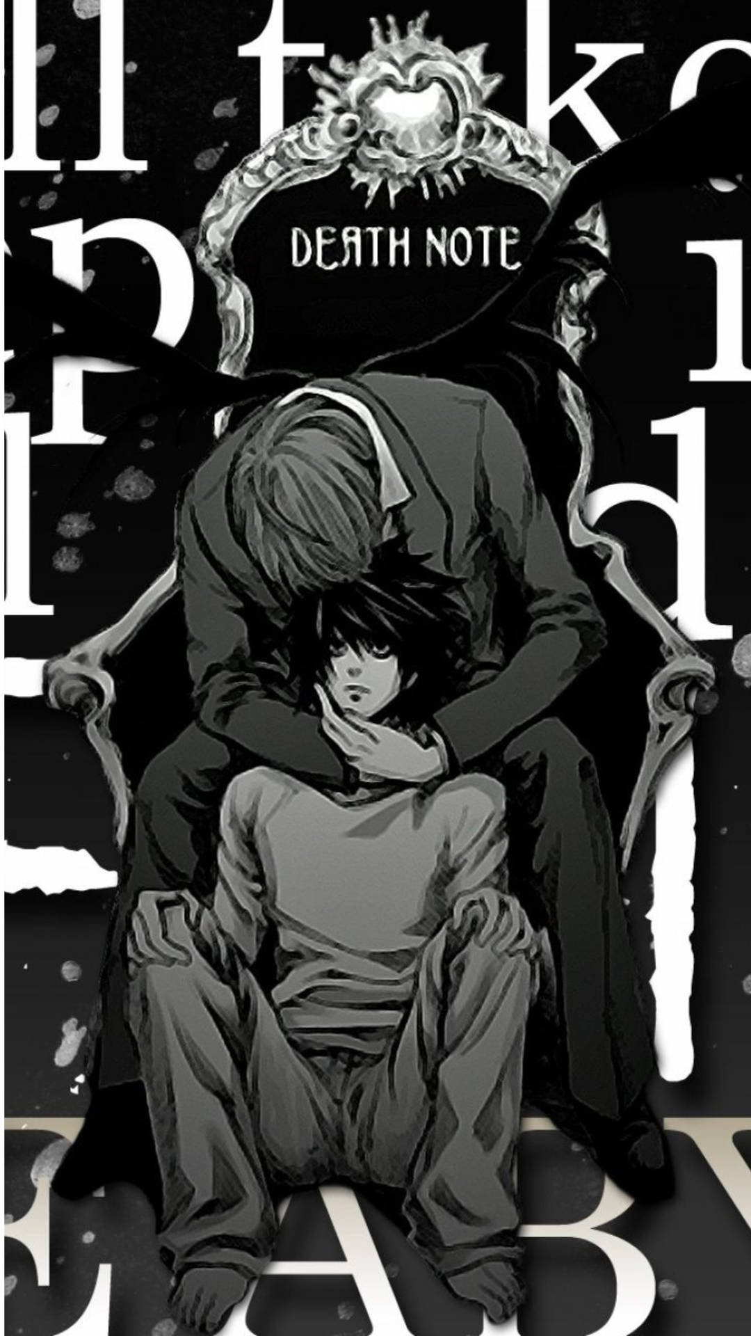 Light Yagami 桌布 壁紙 — 一幅黑白動畫插圖，描繪夜神月坐在王座上，流克在他身後隱現於死亡筆記的世界中。