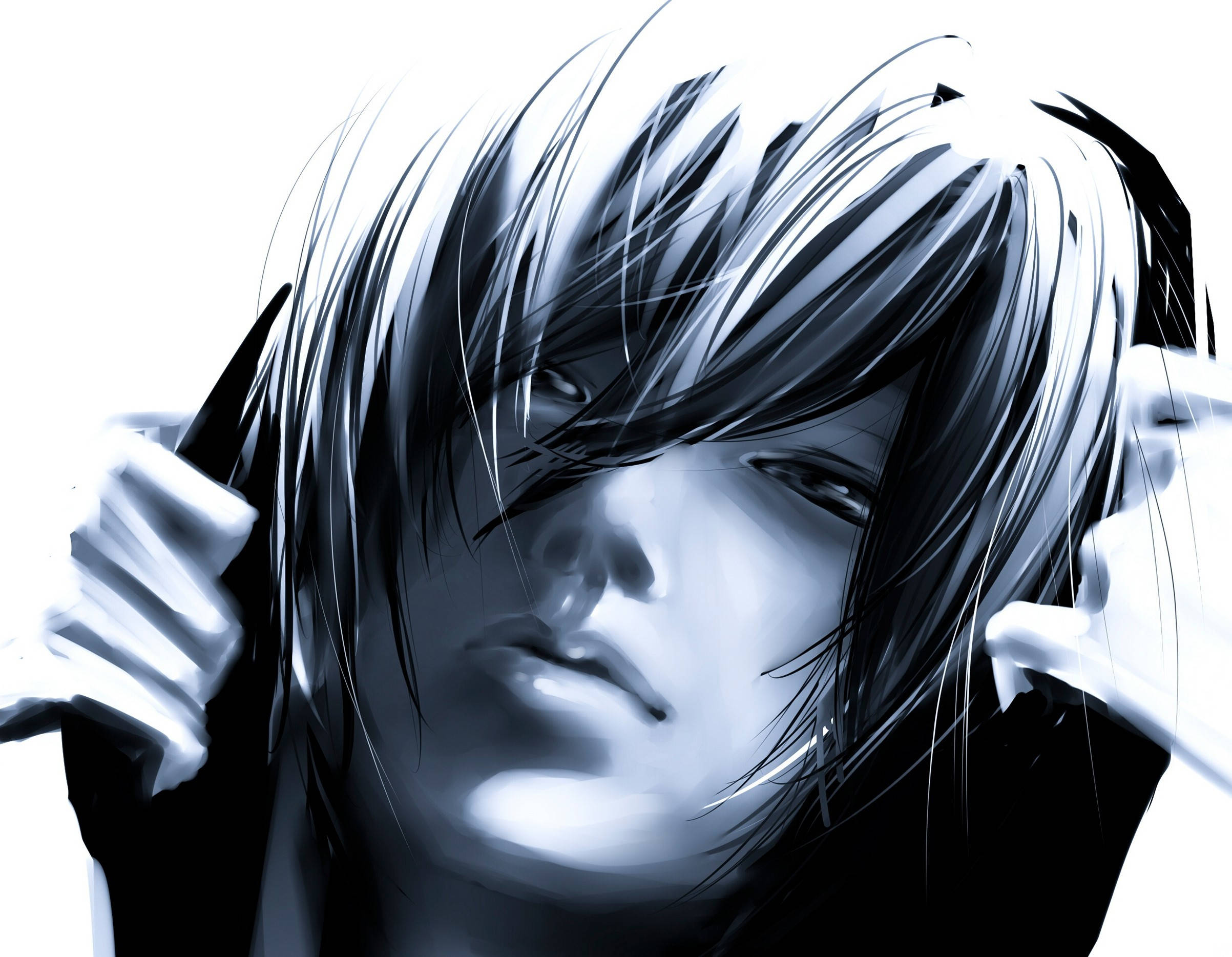 動漫男孩 桌布 壁紙 — 一幅黑白動畫肖像，描繪一個頭髮凌亂的年輕人在緊張時刻將刀架在太陽穴上。