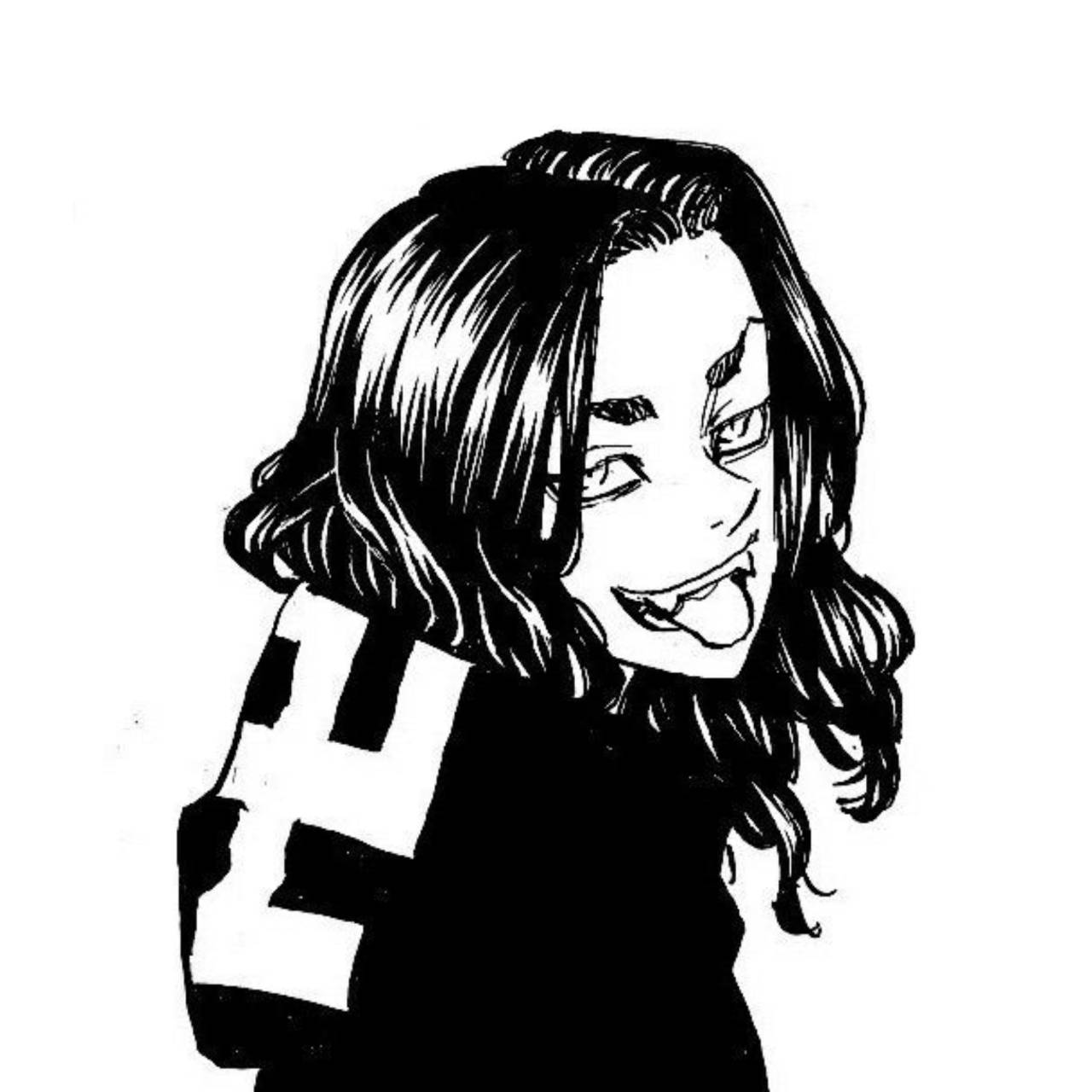 Baji 桌布 壁紙 — 一幅黑白動畫風格插圖，描繪一個波浪髮角色頑皮地伸出舌頭。
